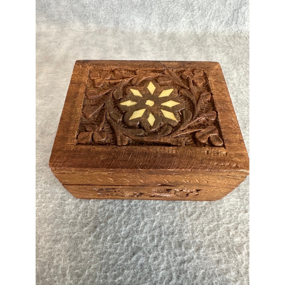Hand Carved Wooden Jewelry Box Trinket Keepsake Small Box Primitive Rustic India